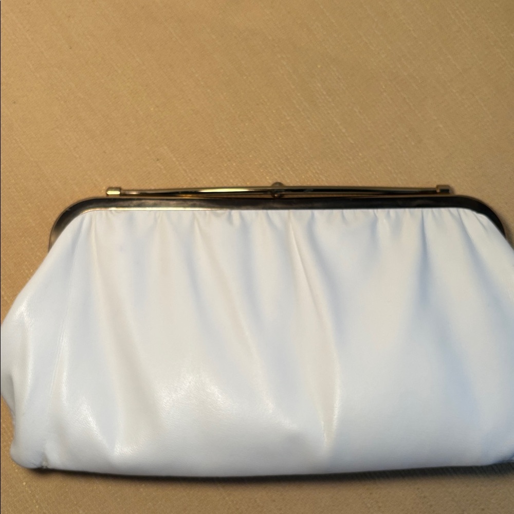 Vintage Reversible Navy Blue & White Leather Clutch Bag Gold Tone Closure - Picture 2 of 9